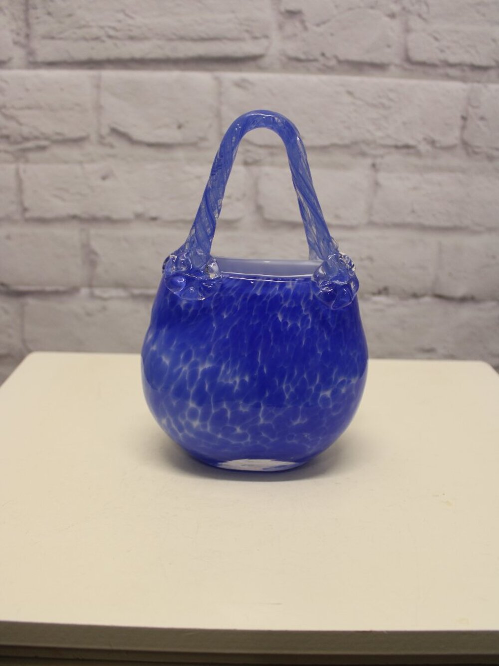 Vintage Blue Speckled Block Crystal Mouth Blown Hand Cut Purse Vase Poland